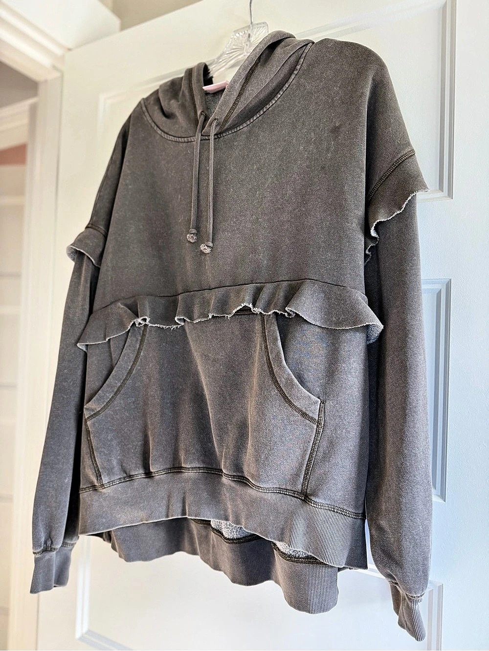 Out From Under Fade Away Ruffled Hoodie Sweatshirt Gray